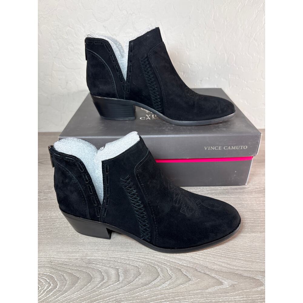 Vince Camuto Presita Black Suede West Block Heel Ankle Bootie‎ Women's 7.5- NIB